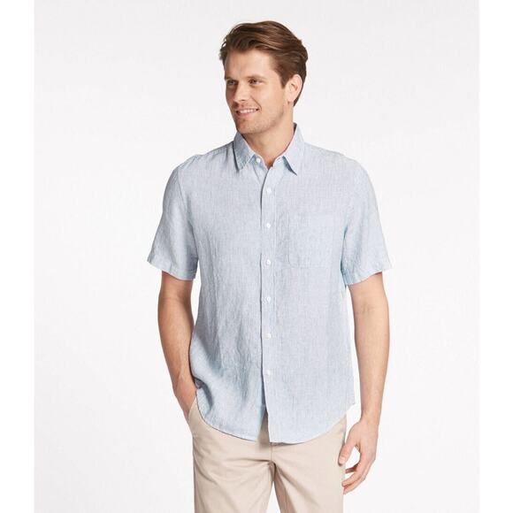 L.L. Bean Linen Shirt, Slightly Fitted Short-Sleeve Button Up Blue Stripe Sz XL - Picture 1 of 6